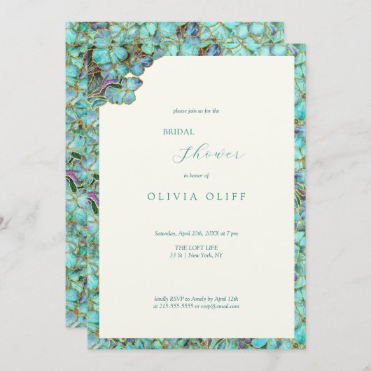 ティール(緑がかった色)フラワーズブライダルシャワー招待 招待状 (正面/裏面)