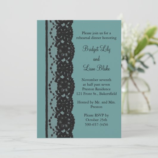 ティール(緑がかった色)フランスのレースリハーサルディナー 招待状 (スタンド正面)