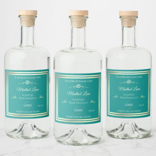 ティール(緑がかった色)フレームとロゴ付き上品な金ゴールド製品ラベル リキュールボトルラベル (ボトル)