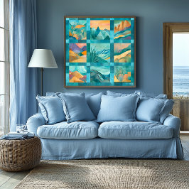 ティール（緑がかった色）フレーム抽象芸術砂漠芸術祭 – 幾何学模様 ポスター