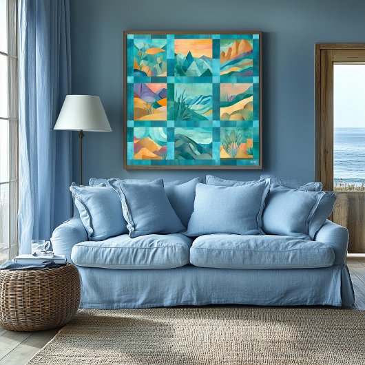 ティール(緑がかった色)フレーム抽象芸術砂漠芸術祭 – 幾何学模様 ポスター