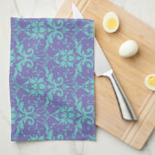 ティール(緑がかった色)フローラオン紫2皿布ハンドタオル キッチンタオル (四つ折り)