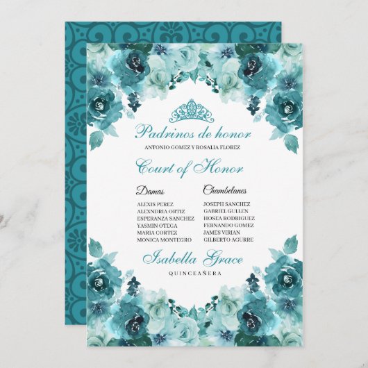 ティール（緑がかった色）フローラキンセアニェラコートオブオナー招待状 招待状 (正面/裏面)