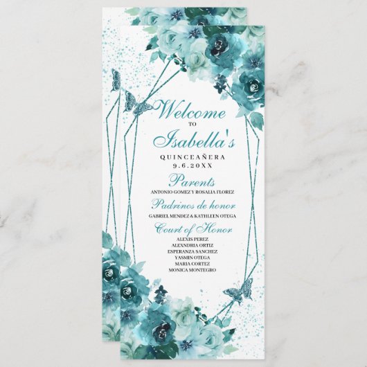 ティール(緑がかった色)フローラキンセアニェラ計画 招待状 (正面/裏面)