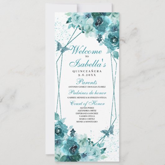 ティール(緑がかった色)フローラキンセアニェラ計画 招待状 (正面)