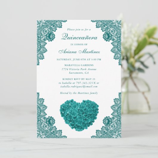 ティール(緑がかった色)フローラキンセアニラ15th誕生日招待状 招待状 (スタンド正面)