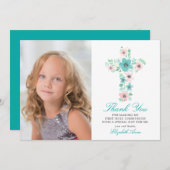 ティール（緑がかった色）フローラクロス最初の聖餐式ありがとう サンキューカード (正面/裏面)