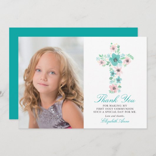 ティール（緑がかった色）フローラクロス最初の聖餐式ありがとう サンキューカード (正面/裏面)