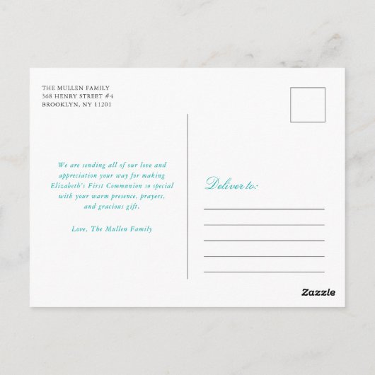 ティール(緑がかった色)フローラクロス最初の聖餐式ありがとう ポストカード (裏面)