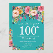 ティール（緑がかった色）フローラサプライズ100th誕生日招待状 招待状 (正面/裏面)