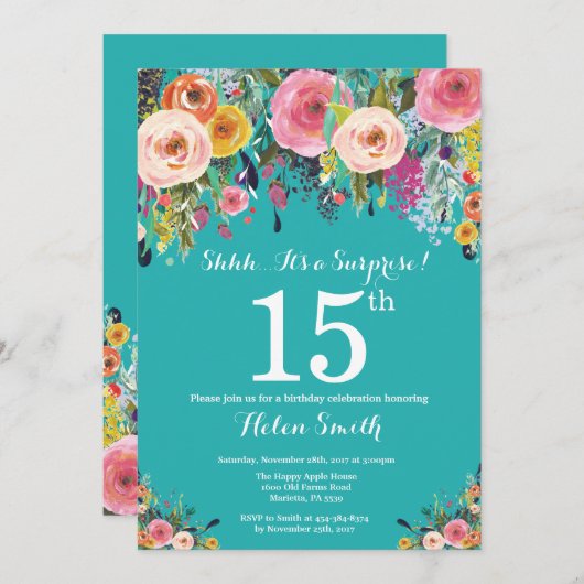 ティール(緑がかった色)フローラサプライズ15th誕生日招待状 招待状 (正面/裏面)