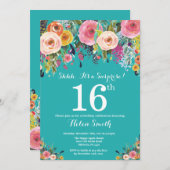 ティール（緑がかった色）フローラサプライズ16th誕生日招待状 招待状 (正面/裏面)