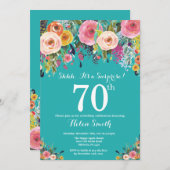 ティール(緑がかった色)フローラサプライズ70th誕生日招待状 招待状 (正面/裏面)