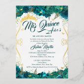 ティール（緑がかった色）フローラスクロールMis Quinceキンセアニェラ 箔招待状 (正面)
