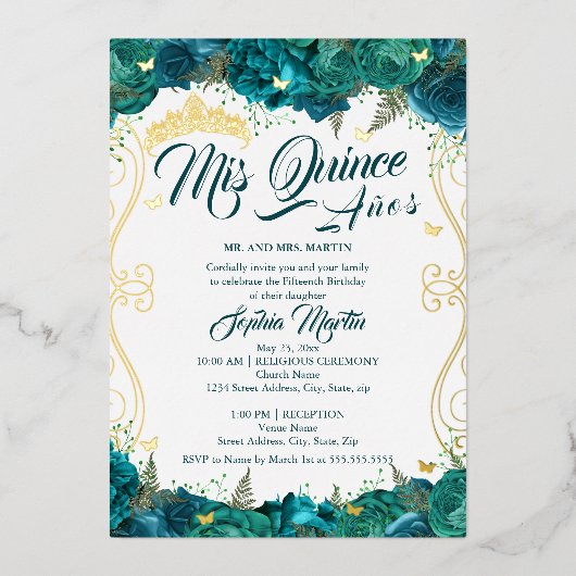ティール（緑がかった色）フローラスクロールMis Quinceキンセアニェラ 箔招待状 (正面)