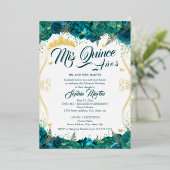 ティール（緑がかった色）フローラスクロールMis Quinceキンセアニェラ 箔招待状 (立ち正面)