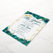 ティール（緑がかった色）フローラスクロールMis Quinceキンセアニェラ 箔招待状 (回転した状態)