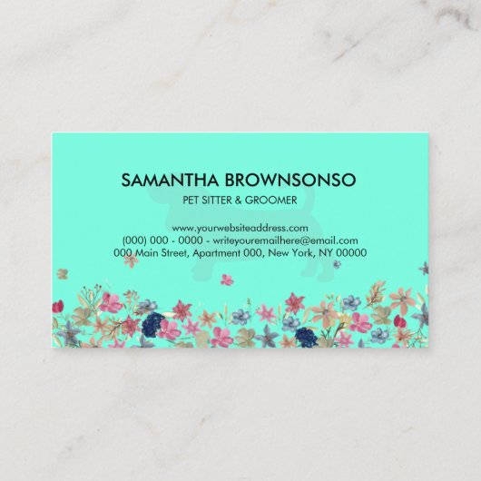 ティール(緑がかった色)フローラダックスシュントドッグペットシッター 名刺 (裏面)