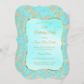 ティール（緑がかった色）フローラダマスクバラ金ゴールド誕生日パーティー 招待状 (正面/裏面)