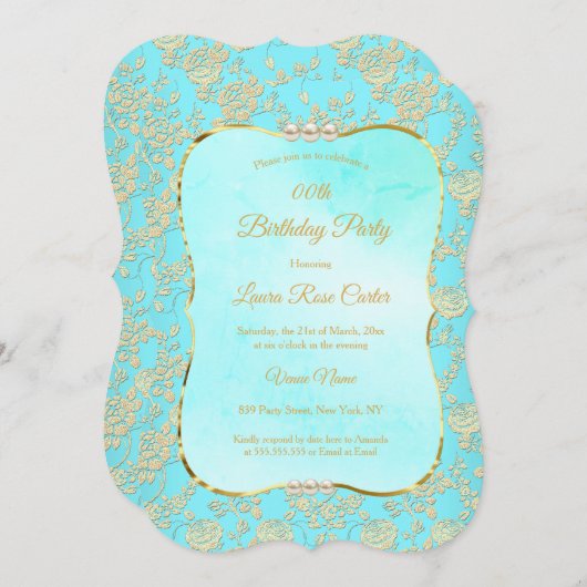 ティール(緑がかった色)フローラダマスクバラ金ゴールド誕生日パーティー 招待状 (正面/裏面)