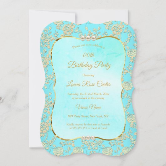 ティール（緑がかった色）フローラダマスクバラ金ゴールド誕生日パーティー 招待状 (正面)