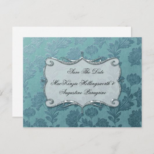 ティール(緑がかった色)フローラダマスク日付の保存 案内ポストカード (正面/裏面)