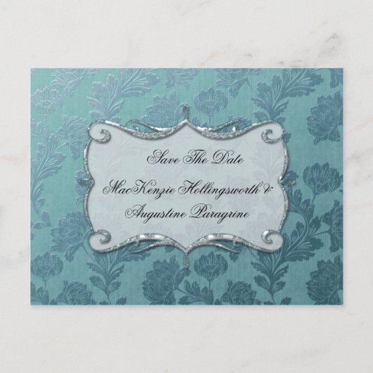 ティール(緑がかった色)フローラダマスク日付の保存 案内ポストカード (正面)