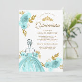 ティール（緑がかった色）フローラドレスプリンセス金ゴールドキンセアニェラ 招待状 (スタンド正面)