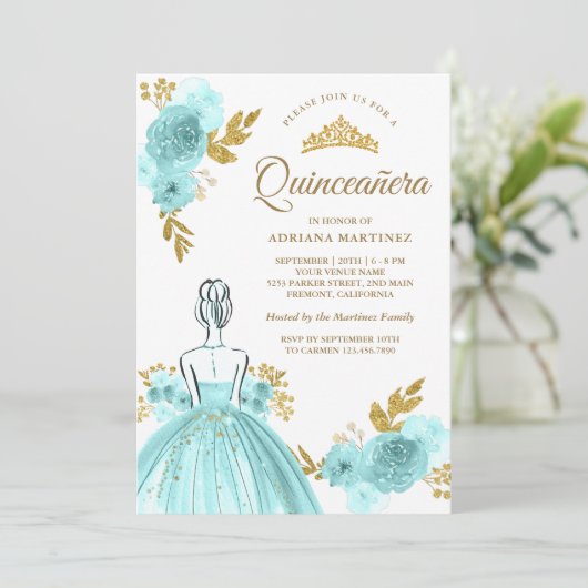 ティール(緑がかった色)フローラドレスプリンセス金ゴールドキンセアニェラ 招待状 (スタンド正面)