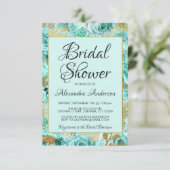 ティール（緑がかった色）フローラバラブライダルシャワーモノグラム 招待状 (スタンド正面)