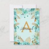 ティール（緑がかった色）フローラバラブライダルシャワーモノグラム 招待状 (裏面)