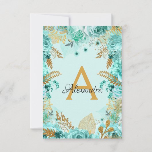 ティール(緑がかった色)フローラバラブライダルシャワーモノグラム 招待状 (裏面)
