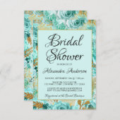 ティール（緑がかった色）フローラバラブライダルシャワーモノグラム 招待状 (正面/裏面)