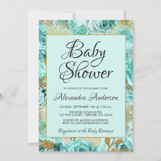 ティール（緑がかった色）フローラバラベビーシャワーモノグラム 招待状 (正面)