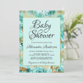 ティール（緑がかった色）フローラバラベビーシャワーモノグラム 招待状 (スタンド正面)