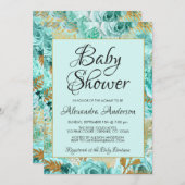 ティール（緑がかった色）フローラバラベビーシャワーモノグラム 招待状 (正面/裏面)
