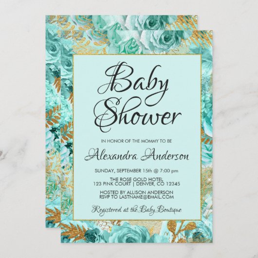 ティール(緑がかった色)フローラバラベビーシャワーモノグラム 招待状 (正面/裏面)