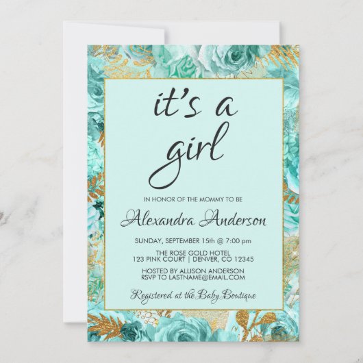 ティール（緑がかった色）フローラバラベビーシャワーモノグラム 招待状 (正面)