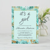 ティール（緑がかった色）フローラバラベビーシャワーモノグラム 招待状 (スタンド正面)