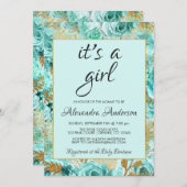 ティール（緑がかった色）フローラバラベビーシャワーモノグラム 招待状 (正面/裏面)