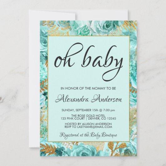 ティール（緑がかった色）フローラバラベビーシャワーモノグラム 招待状 (正面)