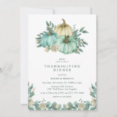 ティール（緑がかった色）フローラパンプキンサンクスギビングディナー 招待状 (正面)