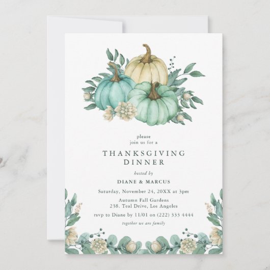 ティール(緑がかった色)フローラパンプキンサンクスギビングディナー 招待状 (正面)