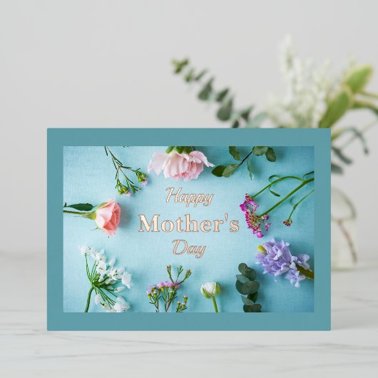ティール(緑がかった色)フローラフォイル母の日グリーティングカード 箔シーズンカード (立ち正面)