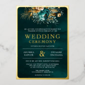ティール(緑がかった色)フローラフォト結婚インディアン金ゴールド 箔招待状 (正面)