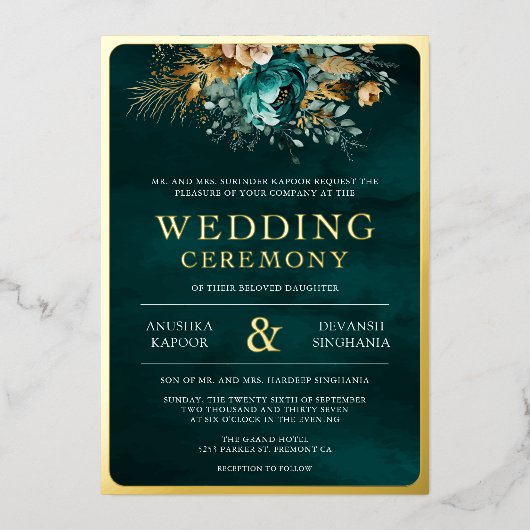 ティール（緑がかった色）フローラフォト結婚インディアン金ゴールド 箔招待状 (正面)