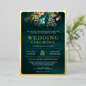 ティール(緑がかった色)フローラフォト結婚インディアン金ゴールド 箔招待状 (立ち正面)
