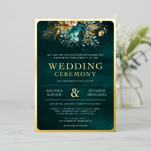 ティール（緑がかった色）フローラフォト結婚インディアン金ゴールド 箔招待状 (立ち正面)