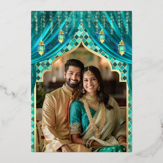 ティール（緑がかった色）フローラフォト結婚インディアン金ゴールド 箔招待状 (裏面)