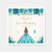 ティール（緑がかった色）フローラブラウンヘアプリンセス誕生日パーティー スタンダードカクテルナプキン (正面)